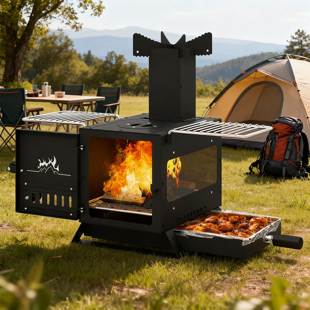 Portable Wood Burning Stove Mini Heater Burner With Pot Rack Oven Pan_voghion.com